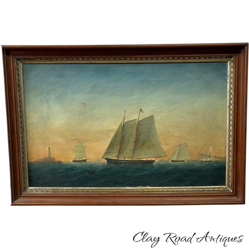 Antique Oil painting folk art sailing ships walnut frame 19th century great look
