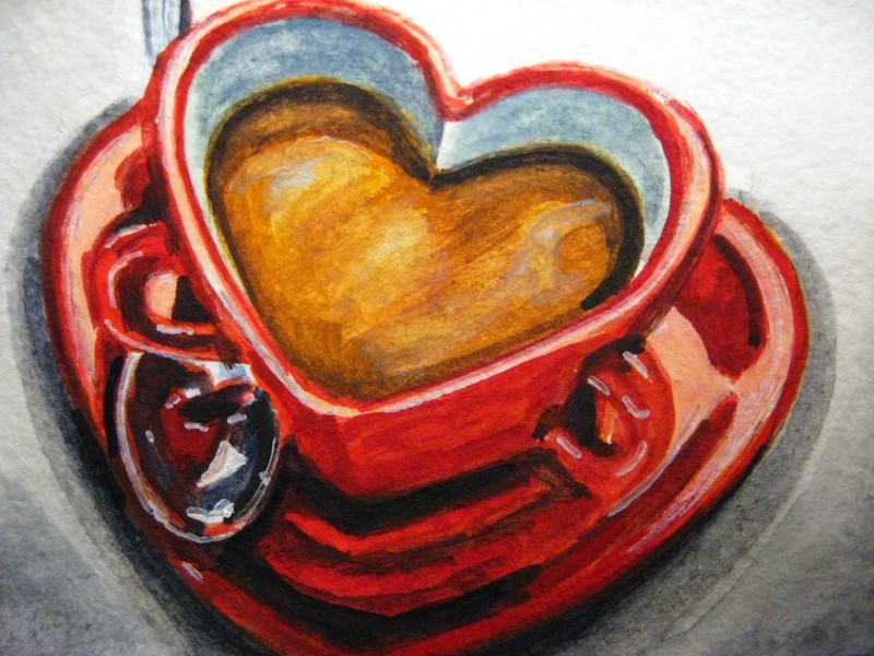 Watercolor Painting Red Cup Heart Love Spoon Valentine’s Day ACEO Art