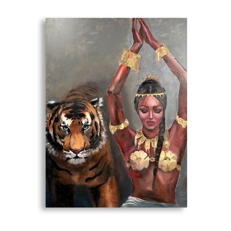 Original painting woman tiger gold jewelry dance earthy tones human nature