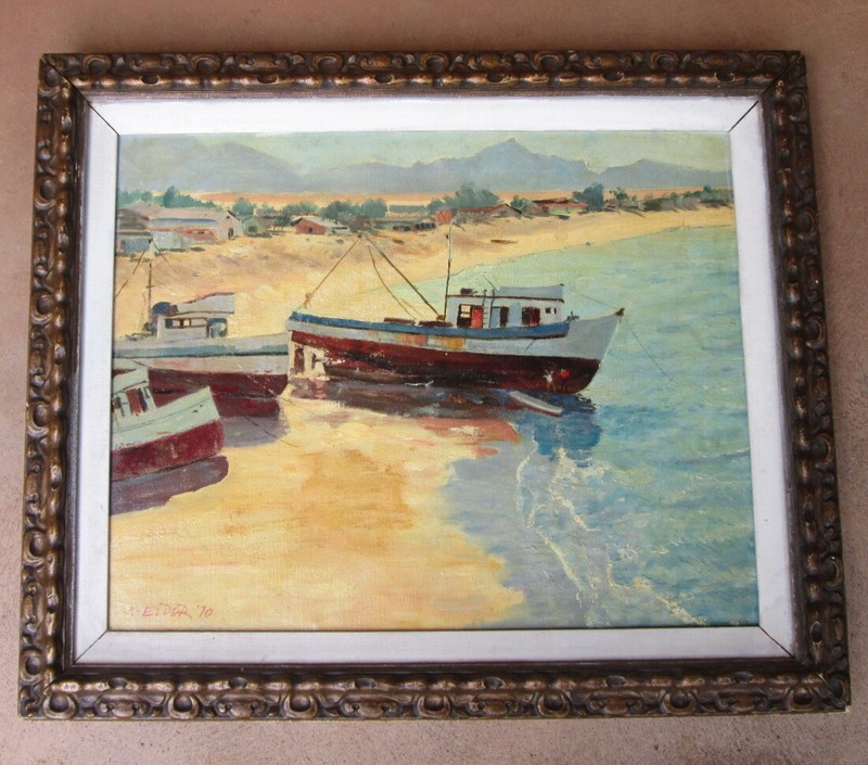 MYSTERY ARTIST OIL PAINTING: BEACH SCENE with BOATS, HOUSES, MOUNTAINS, K. ELDER