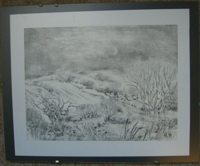 Lithographie Monogr. Landscape Dark Gloomy Bare Hills Trees Shrubs Antique