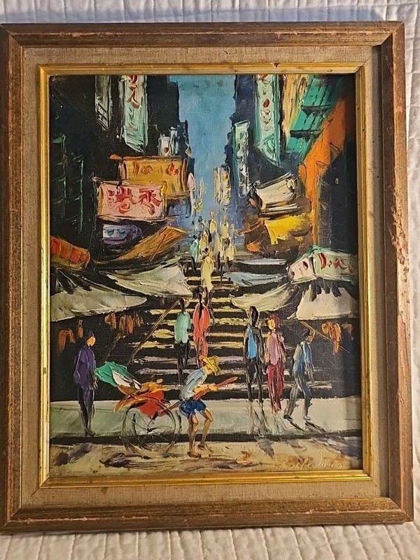🔥 BEAUTIFUL TOM WONG PAINTING ASIAN MARKET 13 1/2 BY 16 1/2