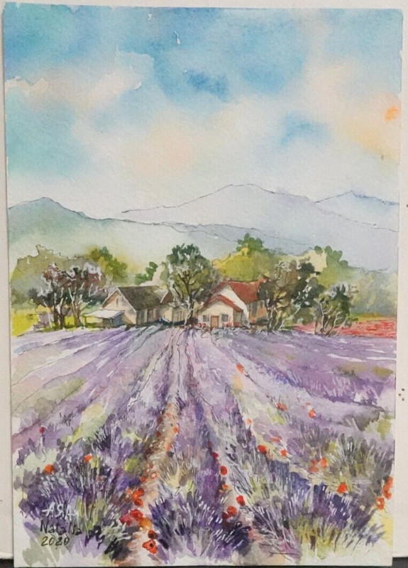 NATALIA ARTSISTERSART FRANCE BLOOMING LAVENDER ORIGINAL WATERCOLOR PAINTING