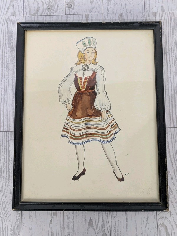 Vintage Painting Girl In Estonian Dress Artist A.L. Estonia Art Watercolor