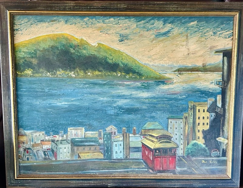 Vintage Mid Century San Francisco Cable Car Oil Painting Signed Pat Cory Framed