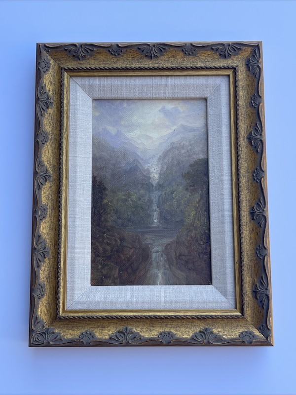 Masterful Antique Landscape Painting River Clouds 1886 Waterfall American Oil