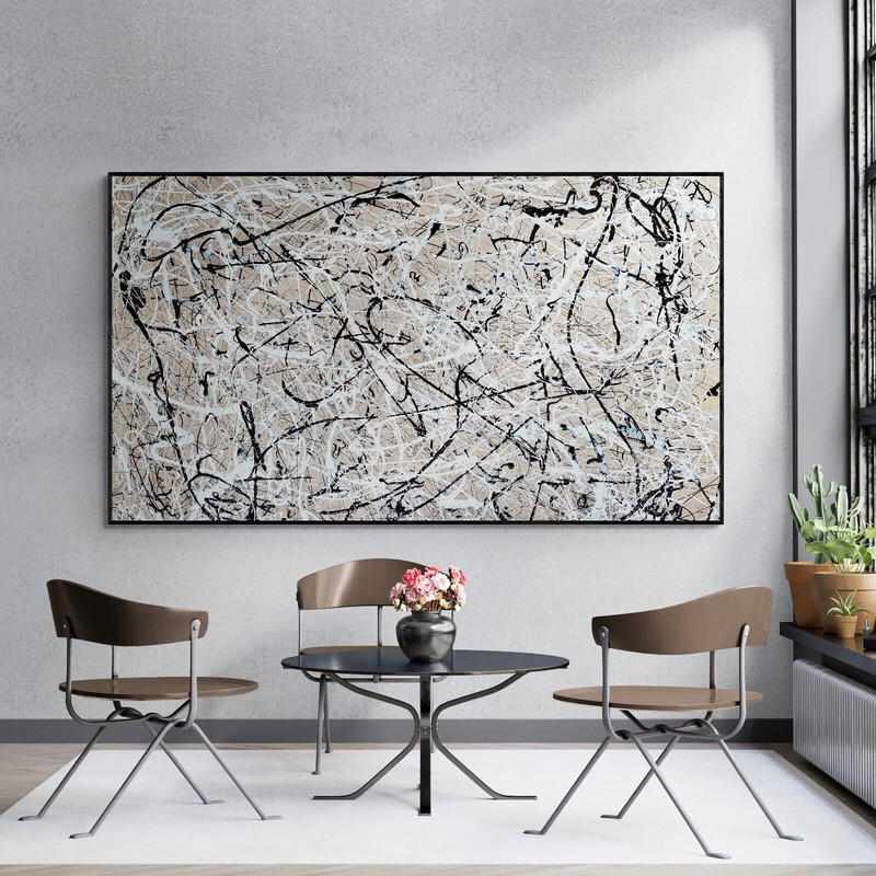 XL Neutral Abstract Painting Sand Black White Pollock Style Canvas Art gallery