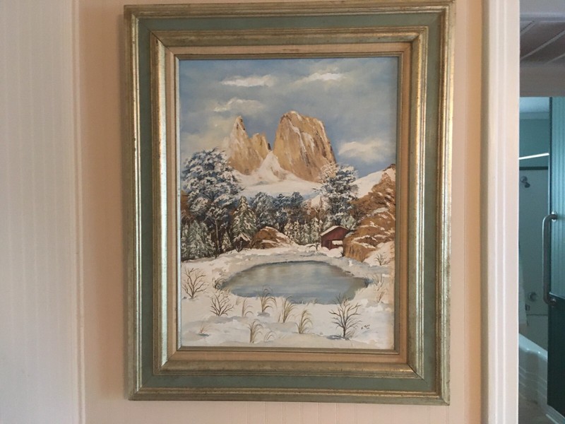 Vintage Oil Painting on Canvas Rustic Cabin in Mountains Winterscape 26′ x 31″