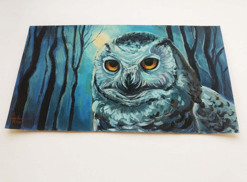 Original Oil Painting Owl at Night 6 x 11 inches Full Moon in the Forest gallery