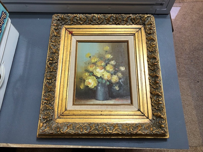 Vintage Oil Painting Yellow Roses Signed Sprague Ornate Gold Frame Portrait