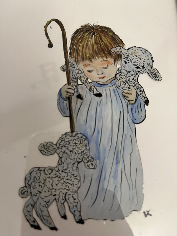 Rare Art Reverse Ink Glass Painting Shepherd Boy and Lambs Signed Artisan Vtg