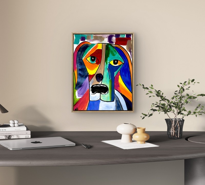 Cubist puppy colorful modern wall art painting 14X11 GALLERY PAPER original gallery