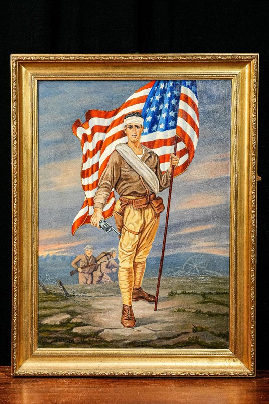 Patriotic Americana Large Framed Antique Oil Painting World War I Soldier Flag gallery