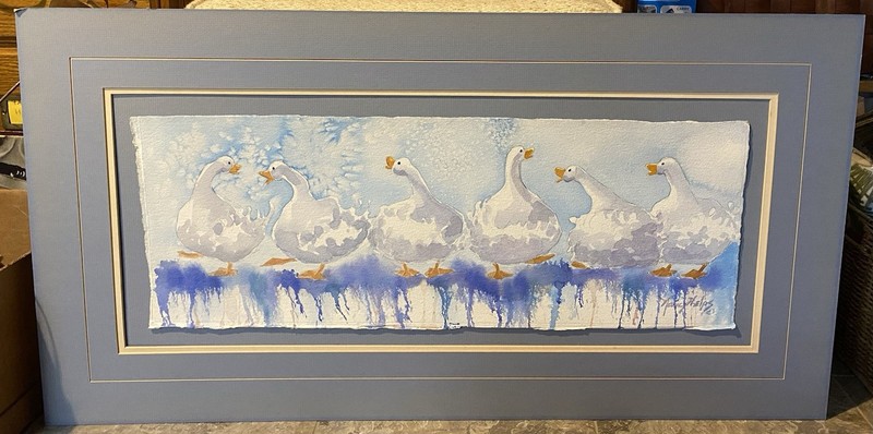 Vtg Signed Nancy Phelps Watercolor, 6 White Geese, 25×9,” Matted 34×18” Unframed
