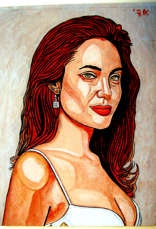 Original SIGNED OIL PAINTING Hebrew ANGELINA JOLIE Israel NAIVE ART Movie FILM