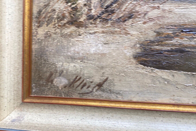 ::OIL PAINTING SIGN. H. KLEIST WINTER LANDSCAPE BY THE LAKE WITH BOAT BIEDERMEIER STYLE gallery