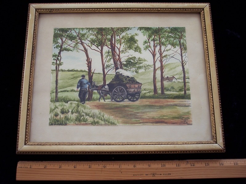 Vintage Original Signed Watercolor Country road Horse and Cart Wood Frame