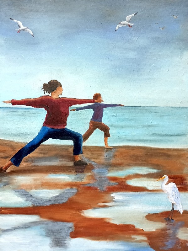 Sea Beach Yoga Class Oil Painting 30x40cm Tranquility Landscape Painting on Painting Board