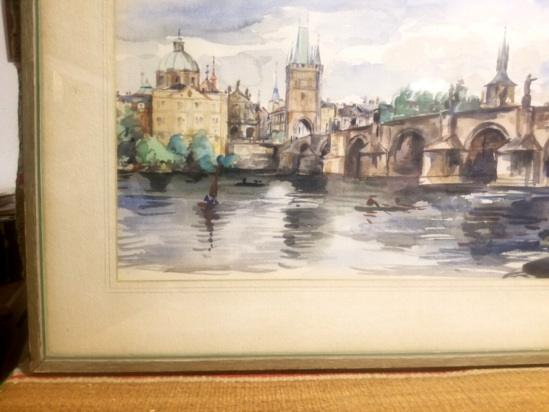 BEAUTIFUL 1937 WATERCOLOR PAINTING CHARLES BRIDGE CZECH REPUBLIC SIGNED KOCI gallery