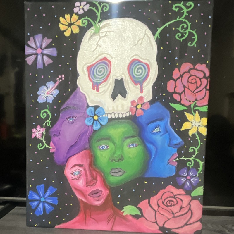 Skull With Faces & Flowers Painting, Pop Art Contemporary, Unframed Canvas