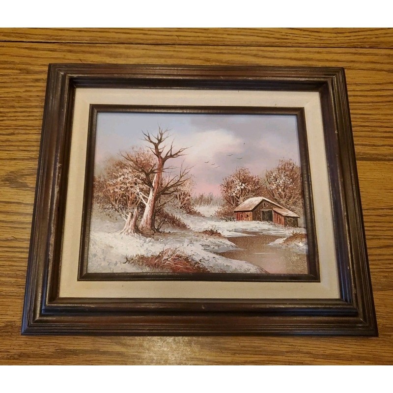 Vintage Original Landscape Art Painting Signed Wood Wooden Frame Oil On Canvas