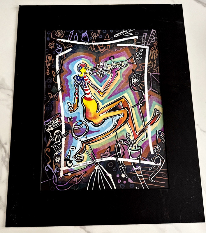 Whimsical Surrealist Sandra Halpern Stein Patriotic Jazz Print Matted Not Framed