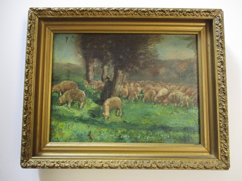 ANTIQUE OIL PAINTING 19TH CENTURY LANDSCAPE SHEEP MAN SHEPPARD 1870'S MYSTERY gallery