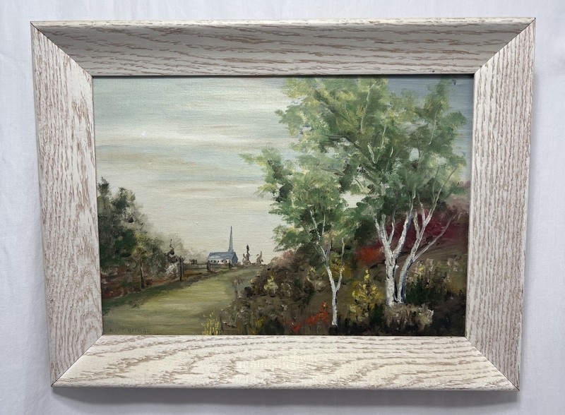 Vintage 60s Summer Landscape Painting Framed Signed Trees Cafe Michigan 13 X 17
