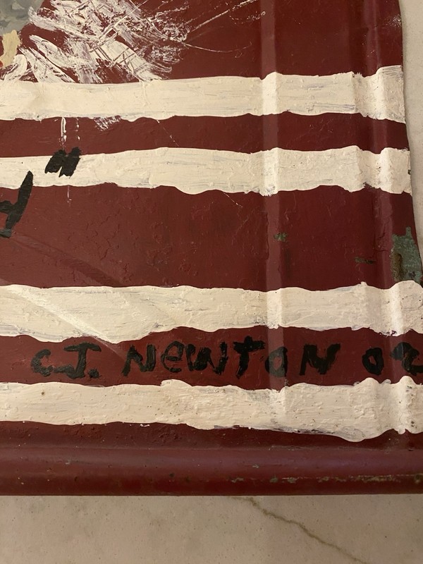 Primitive American Flag Painting w/ Jesus/Angel UNDER GOD on Old Tin Shingle gallery