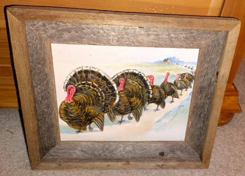 VINTAGE ORIG PAINTING MARCH OF THE TURKEYS BARNWOOD FRAME ESTATE 11×13″