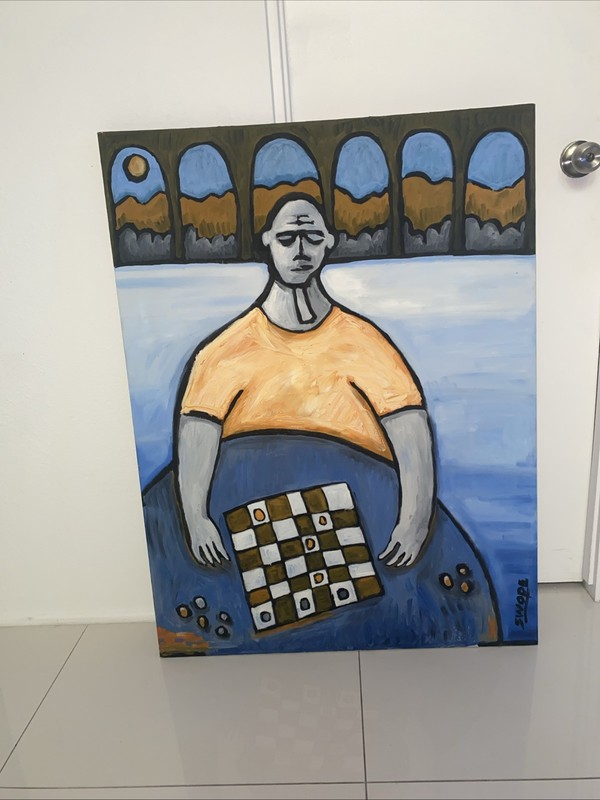 Original Large Painting Chess Checkers Man 40” X 30” Abstract Coffee Shop Art gallery