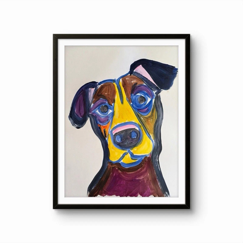 Original Vibrant Dog 8×10 Abstract Acrylic Paper Art Signed Modern Wall Decor