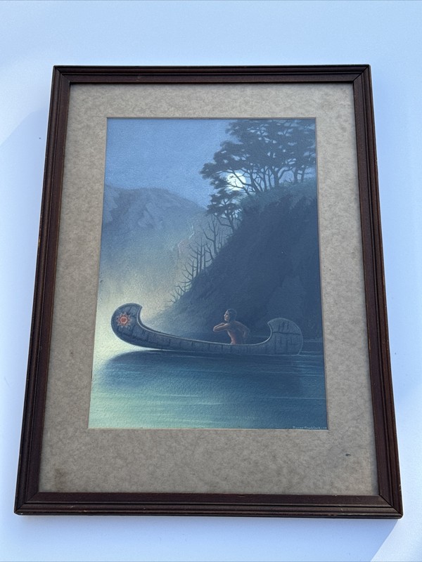 ANTIQUE NATIVE AMERICAN INDIAN CANOE LANDSCAPE MOON LIT NIGHT by Byron Knoblock