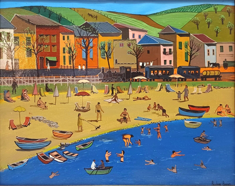 LISTED DUTCH FOLK ART PAULINE BRAAT Sd ORIG O/C BEACH SCENE BER MENGELS WIFE