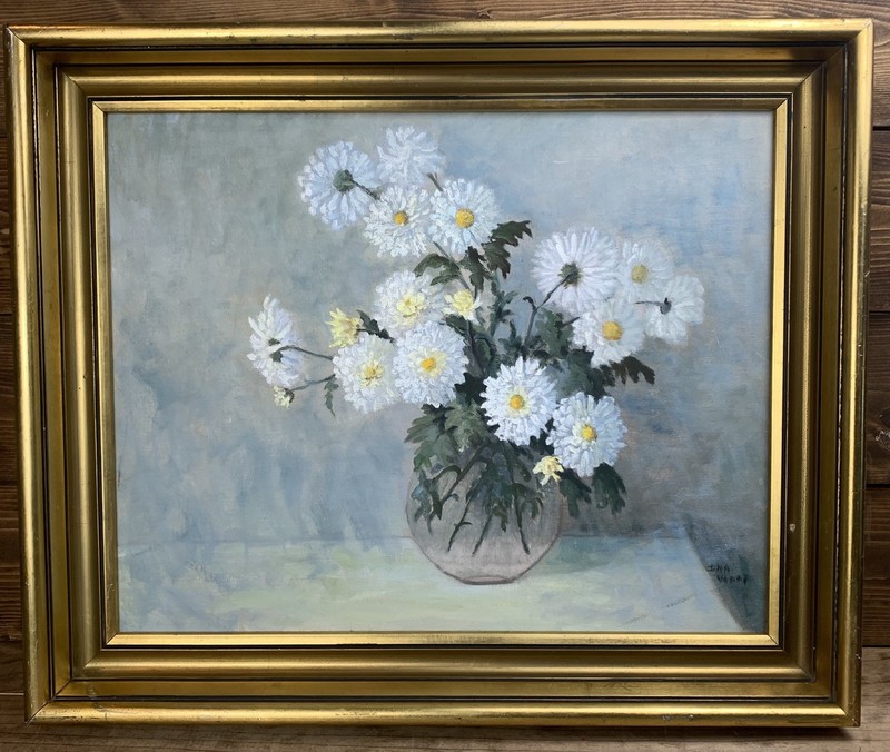 Signed Vintage OOAK Floral Daisy Painting in Thick Gold Frame (23.75” x 19.75”)
