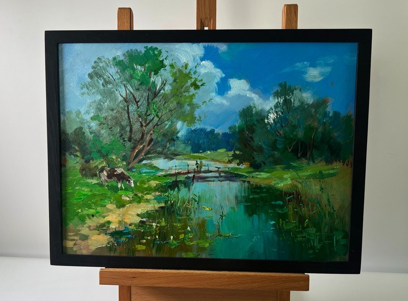 Oil Painting Bridge Over The River Y. Suprunchuk Summer Landscape Art nAAA5765