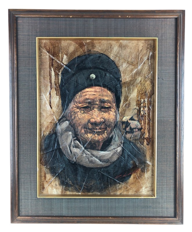 Beautiful Original Oil Painting on Tobacco Leaf Elderly Asian Lady 21 x 17″