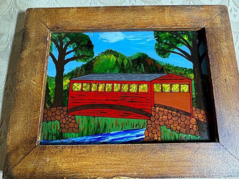 David W Gottshall (1942 - 2016) Folk Art Reverse Oil Foil Art "Covered Bridge" gallery
