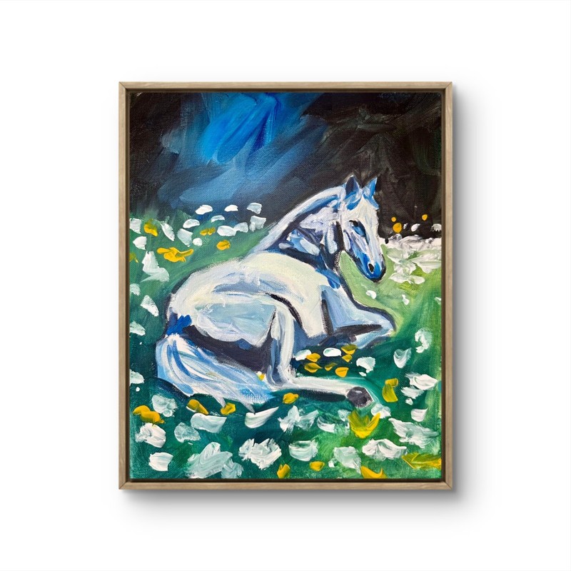 White Horse Painting 11x14 Original Horse Laying in Meadow Nighttime Western Art gallery