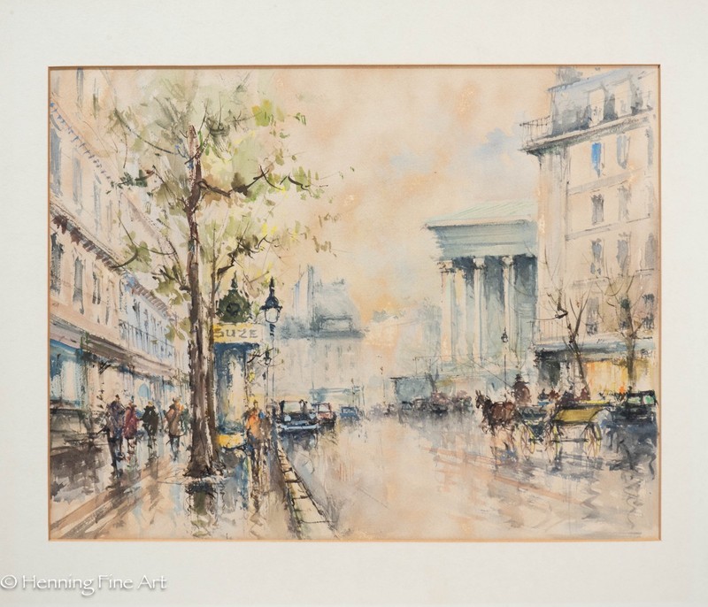 Fine Mid Century Impressionist Painting of Paris France Busy Street Scene 18×21″