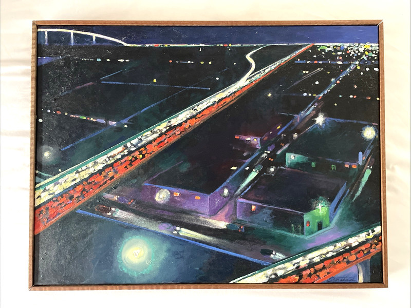 Vintage Oil Painting Night City View Cityscape Art Framed Signed Onstad 25×19″
