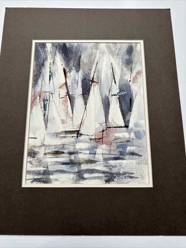 MAURICE SILBER PAINTING ABSTRACT NAUTICAL BOATS AMERICAN REGIONALISM MID CENTURY