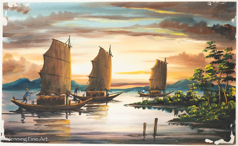 Beautiful Vintage Mid Century South East Asian Junk Boats Landscape Painting 18