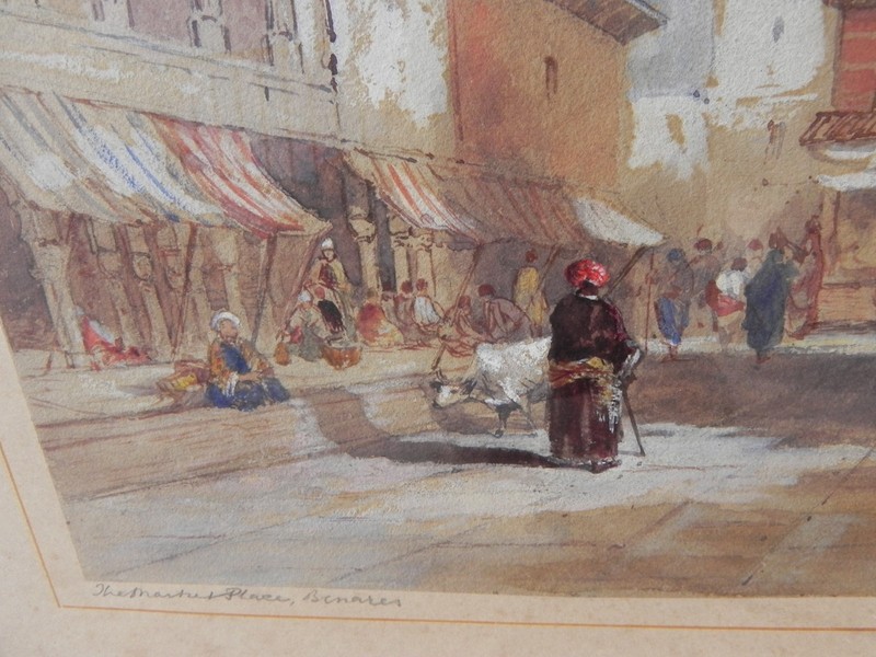 Antique watercolor painting Benares India signed W S Pilleau 1901 English artist gallery