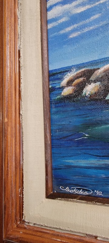 Vintage Original Acrylic On Wood Board Lighthouse/ Seascape Painting 17x14 gallery
