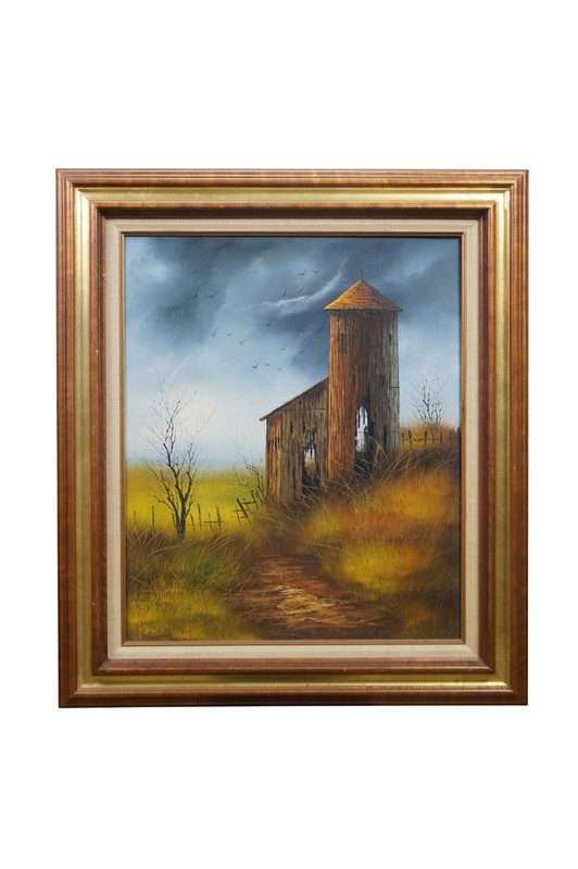 Everett Woodson Rustic Barn Farm Silo Landscape Oil Painting 31″