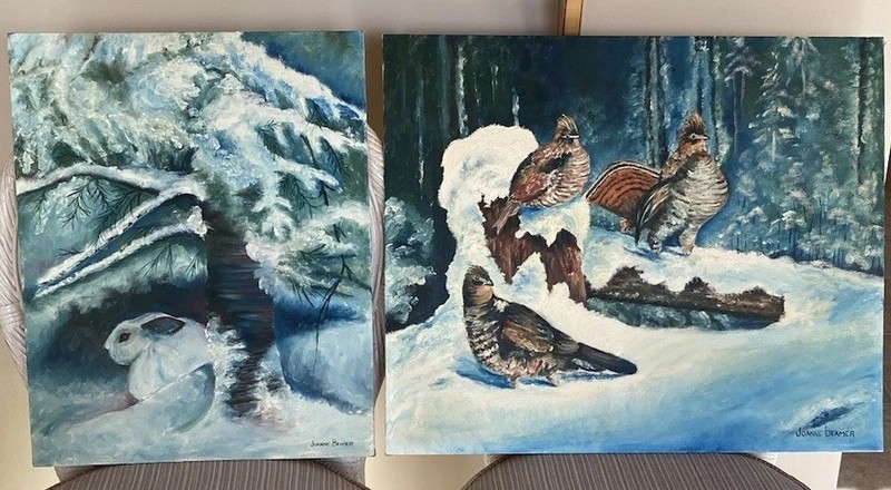 Vintage Pair Original Oil Paintings Ruffed Grouse & Rabbit Snow Winter Read