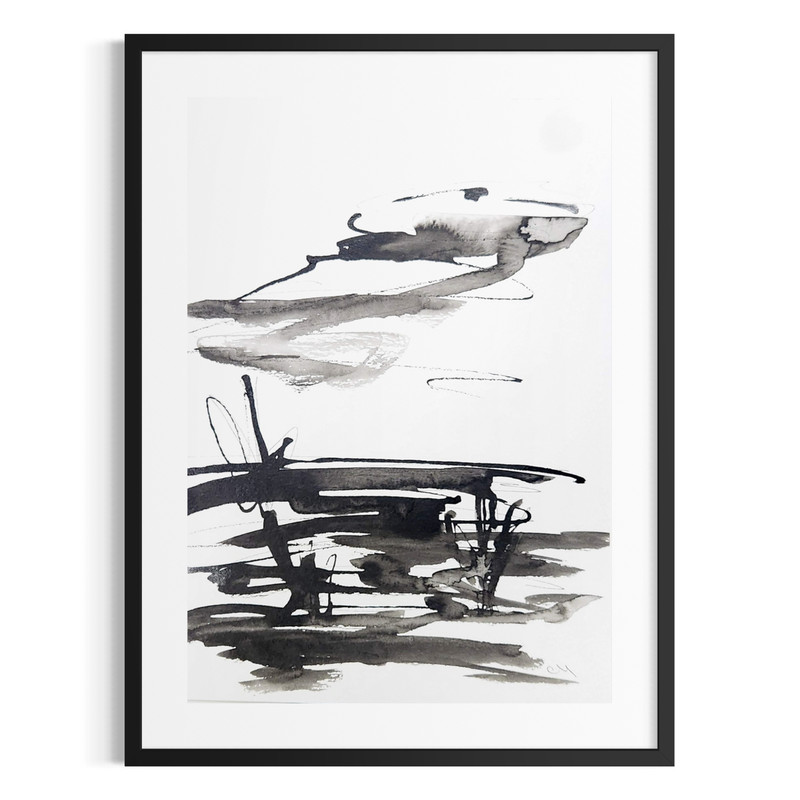 Original Ink 9×12 Abstract Landscape Painting Black White Signed Wall Art