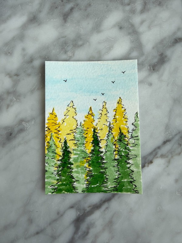 Original Watercolor Painting ACEO – Pine Forest in Green & Yellow (1 of 2)