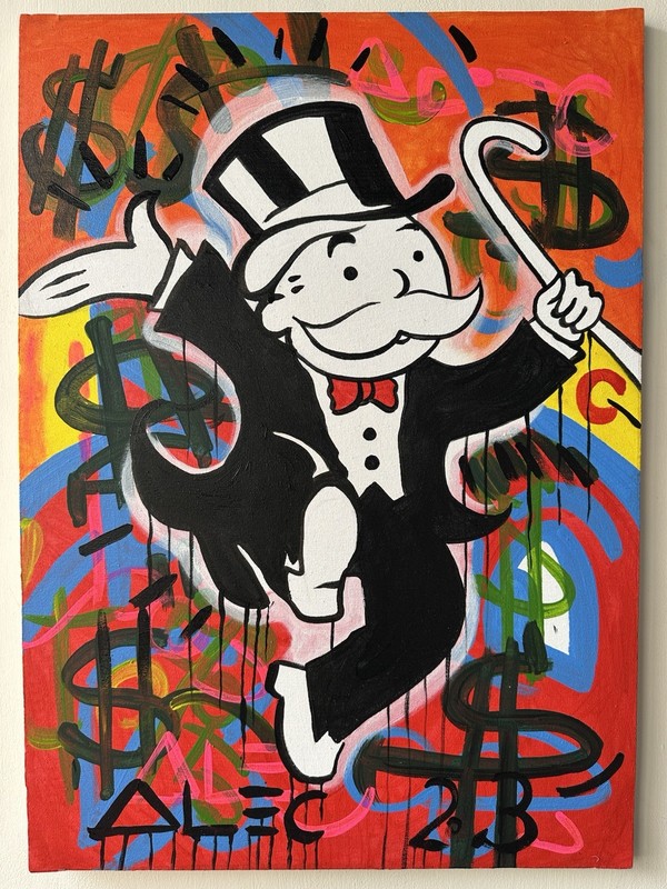 ALEC MONOPOLY OIL ON CANVAS PAINTING SIGNED AND SEALED STAMPED 70CM X 50CM